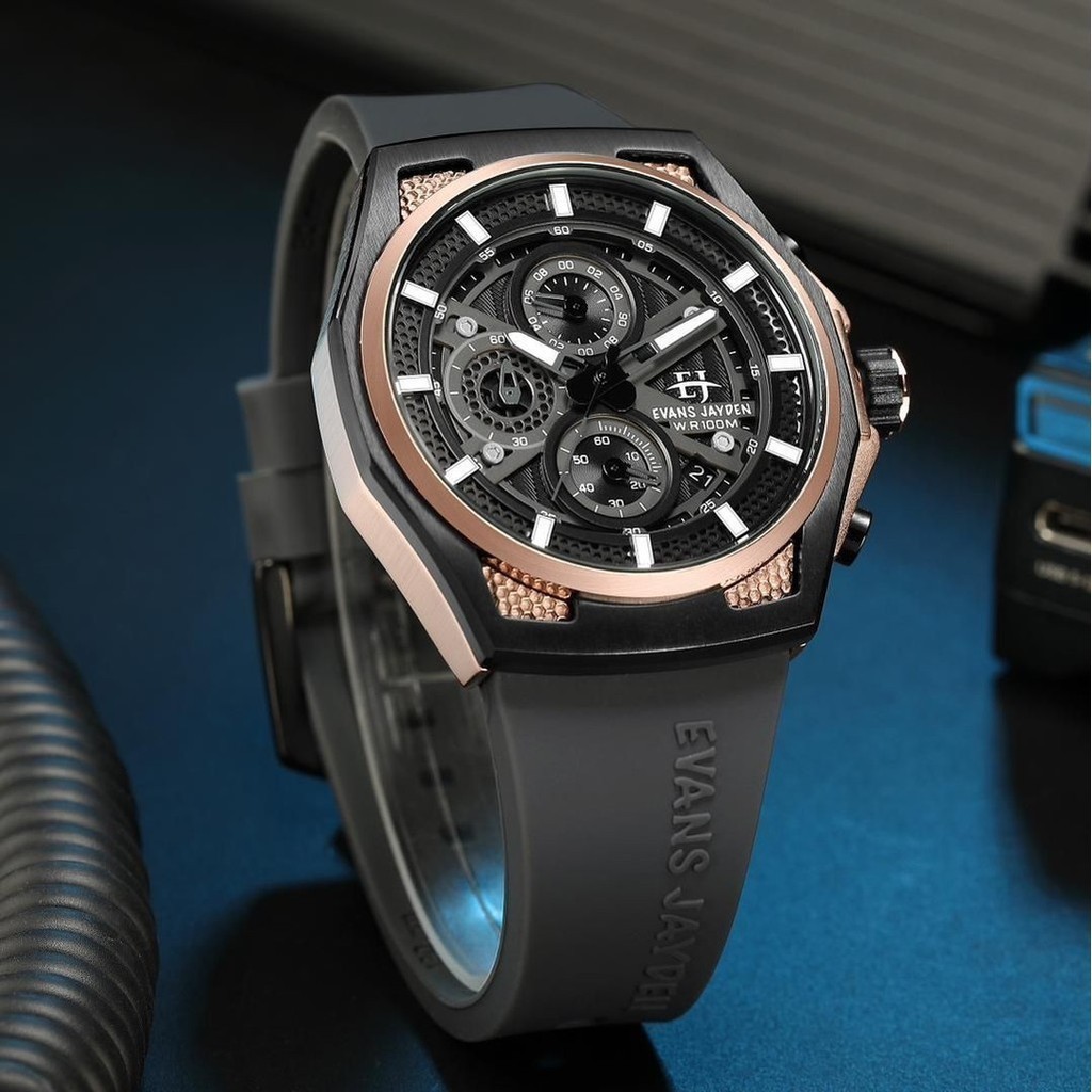 [ DISKON ] Evans Jayden Jam Tangan 9585 Rubber Kaca Sapphire Chronograph Water Resistant 10 ATM