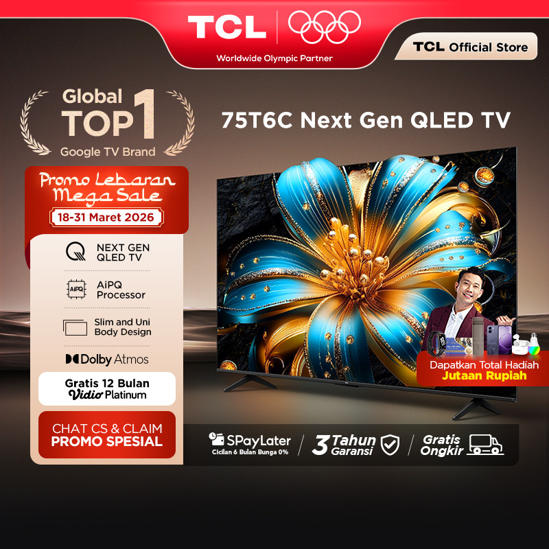 TCL Next Gen QLED 75 inch T6C - 4K Google TV - HVA Panel - HDR 10+ - Dolby Vision & Atmos - Google A