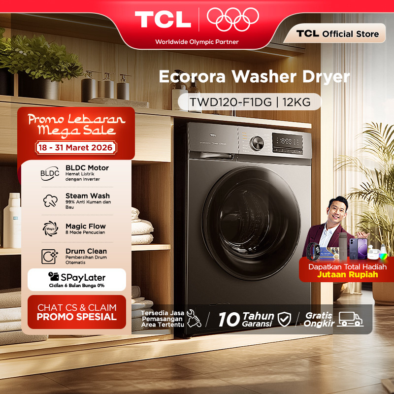 TCL Mesin Cuci Front Loading Washer Dryer 12kg C1 Series - 100% Kering - Steam Wash - BLDC Motor - K