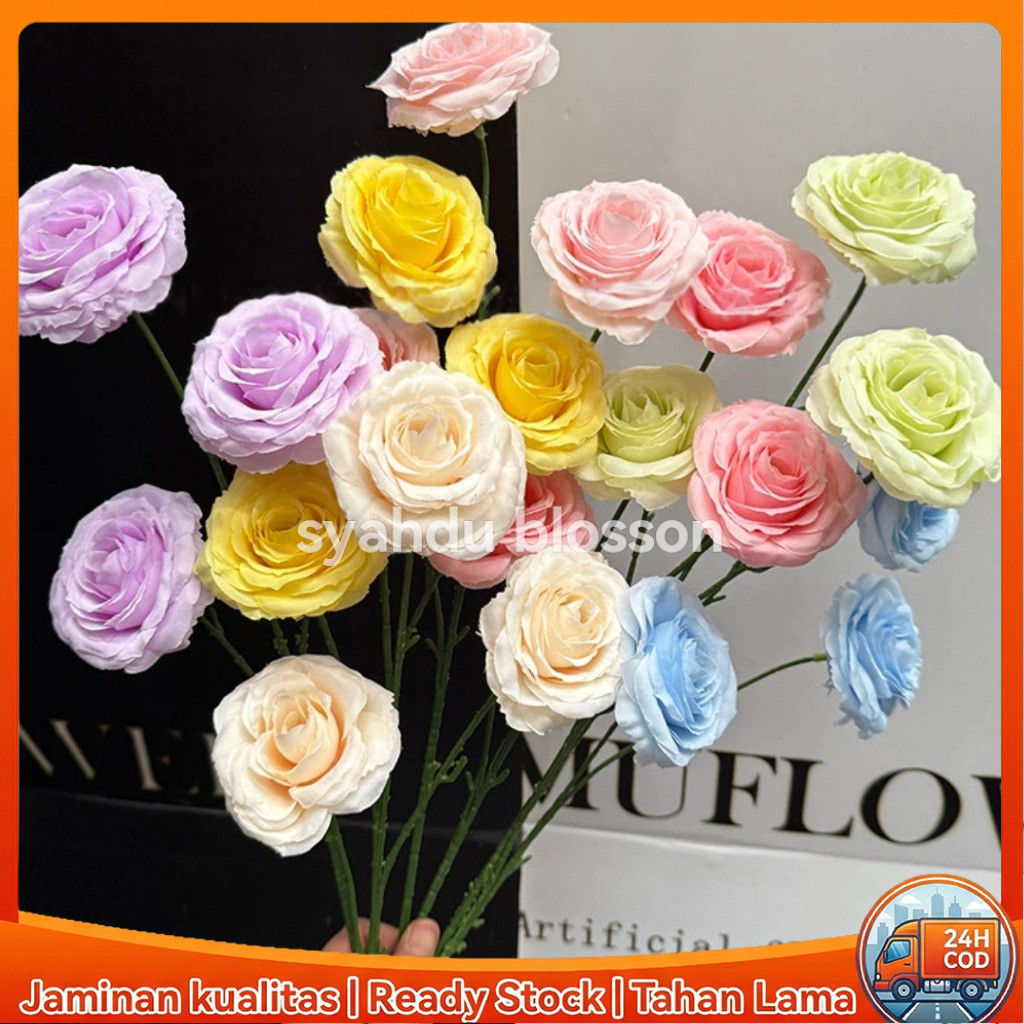 Bunga Mawar Barbie Artifisial 3 Kepala 60cm Bahan Sutra Elegan Cocok Hiasan Pernikahan dan Pesta