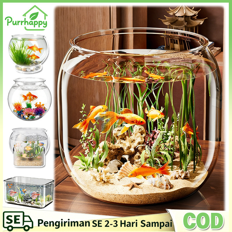 Purrhappy Fish Bowl Aquarium Bulat Plastic Mini Aquarium Toples Bulat Ikan Hias Aquarium Dekorasi Ru