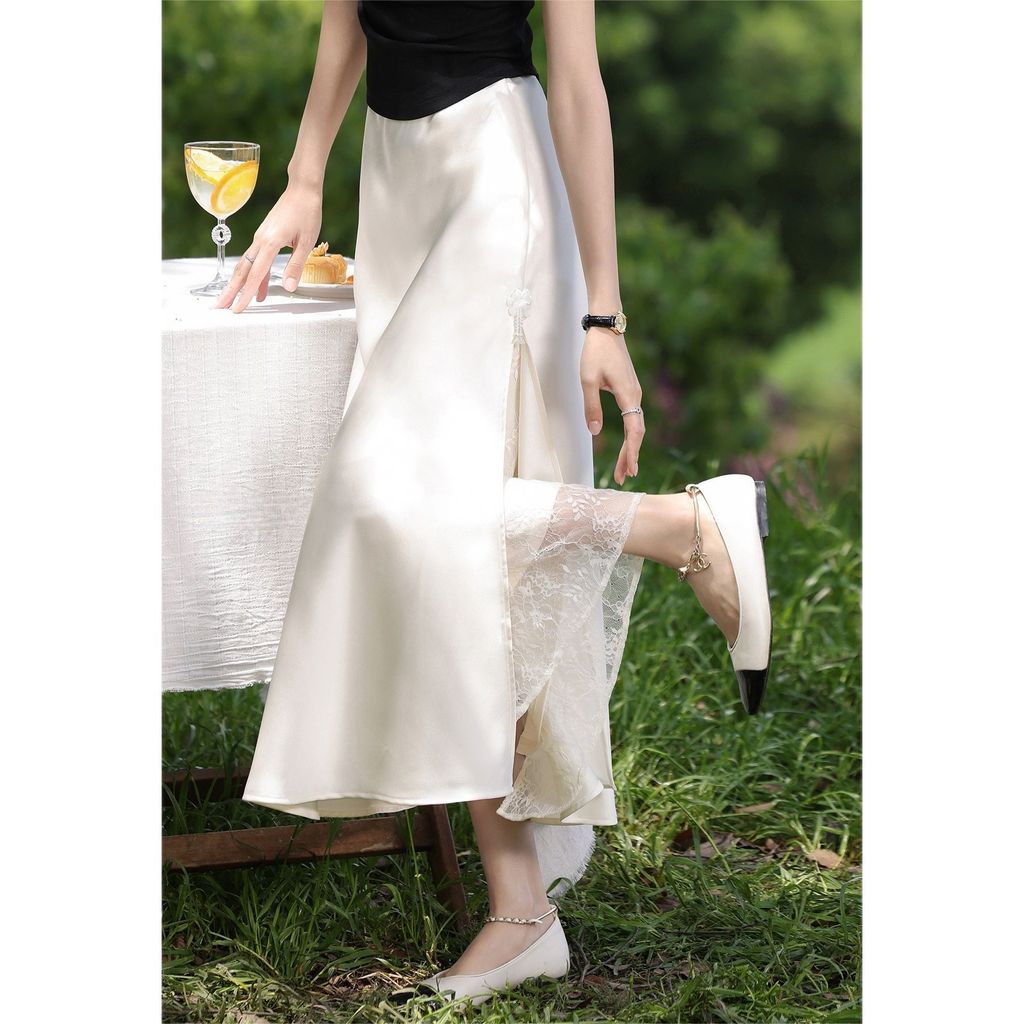 Rok satin tipis setengah panjang wanita, rok panjang, rok moonlight.