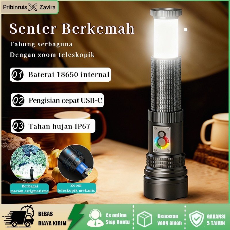 Senter LED Super Terang 10000 Lumen USB-C, Lampu Camping SWAT Jarak Jauh