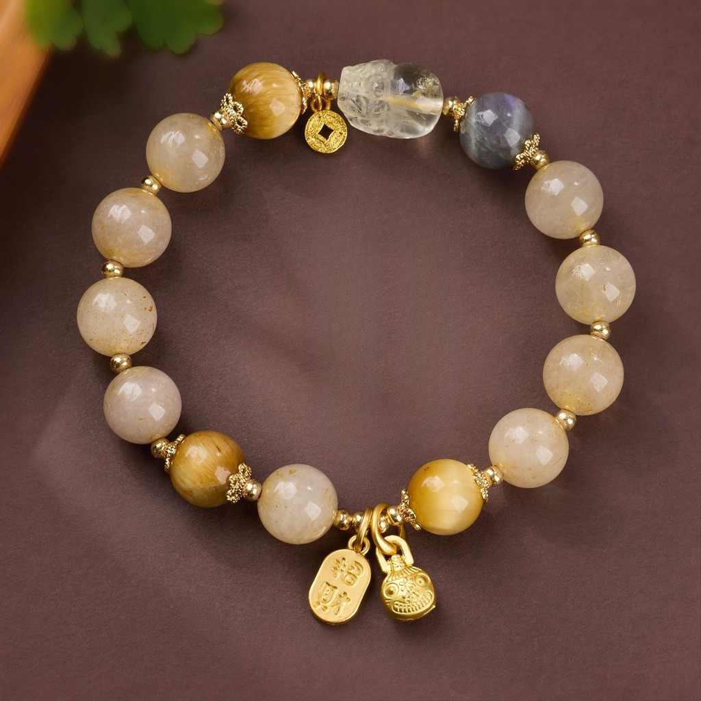 Kristal rambut emas Pixiu, gelang binatang menelan emas manik-manik betina, gelang manik-manik Wenwa