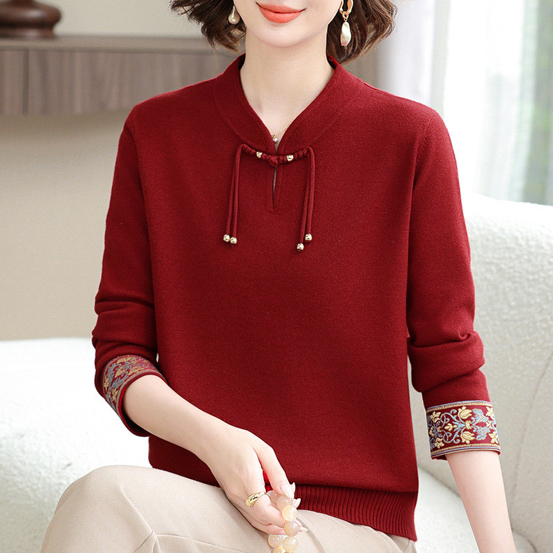 Blus Ibu Gaya Tionghoa Modern, Sweater Rajut Wanita Dewasa, Kerah Tegak, Musim Gugur 2025, Warna Net