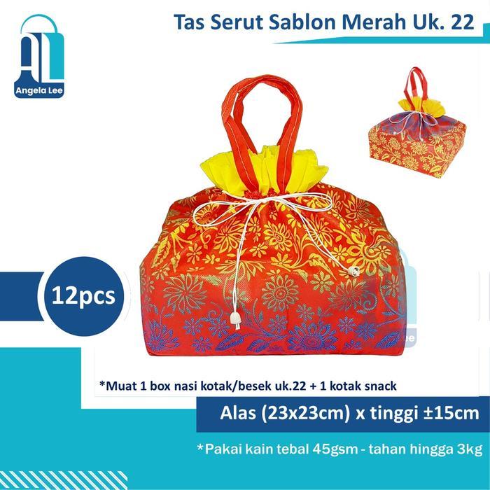 12pc Tas Kain Serut Spunbond Sablon Motif Hajatan Syukuran Tahlilan Besekan 22x22cm - Merah