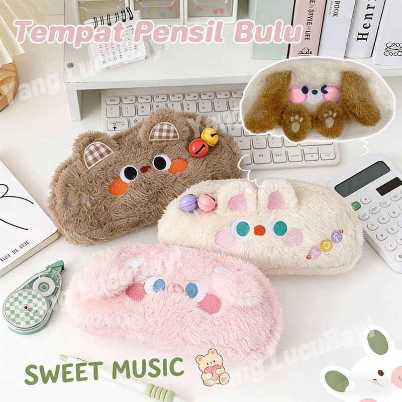 Tempat Pensil Bulu Pencil Case Tas Penyimpanan Alat Tulis Large Capacity Kucing Kelinci Plush Lucu