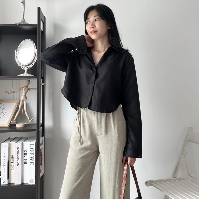 RIABELA LEXA Crop Kemeja Wanita Lengan Panjang - Atasan Blouse Crop Top Linen Premium