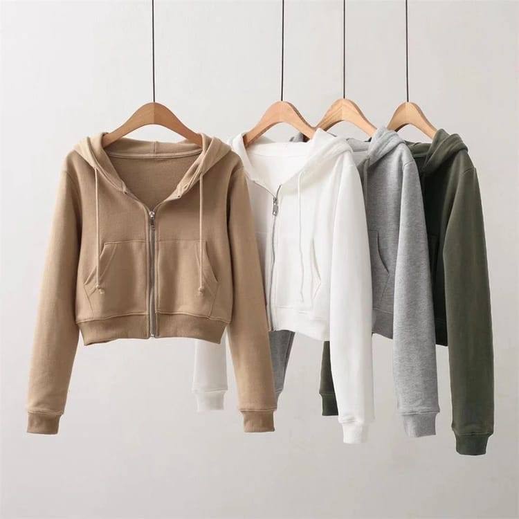 Jaket  Crop Wanita Zipper  Resleting Masa Kini Tebal Fleece baju atasan  Cewek Oversize Crewneck   c