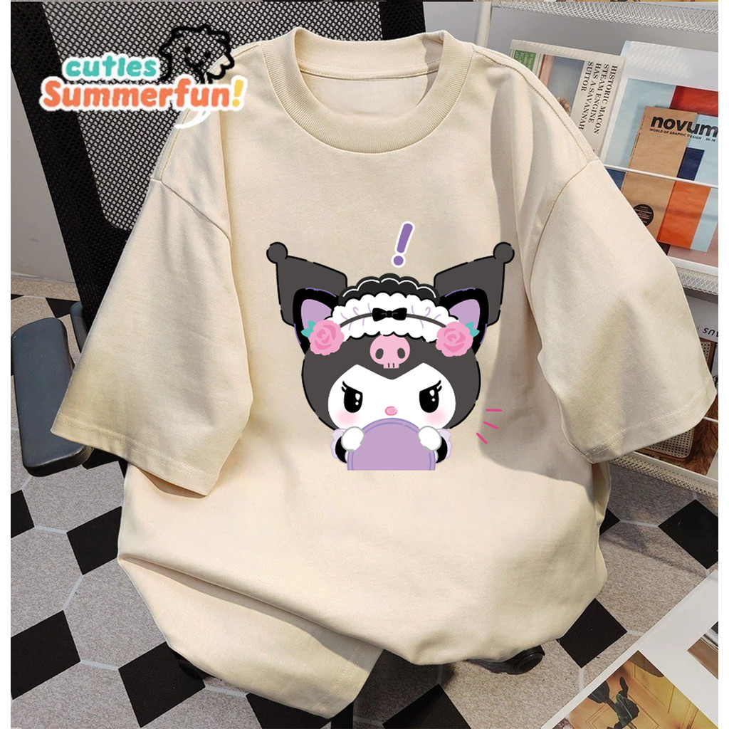 Kaos Oversize Kuromi Maid Lucu / T-shirt Wanita Warna Cream Motif Kartun Aesthetic Viral |Kaos Cream