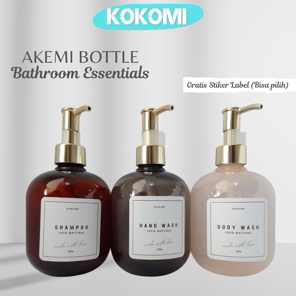 KOKOMI Botol Sabun Aesthetic AKEMI Botol Refill Sabun Cair 300ml Dapat Stiker Label Botol Refillable