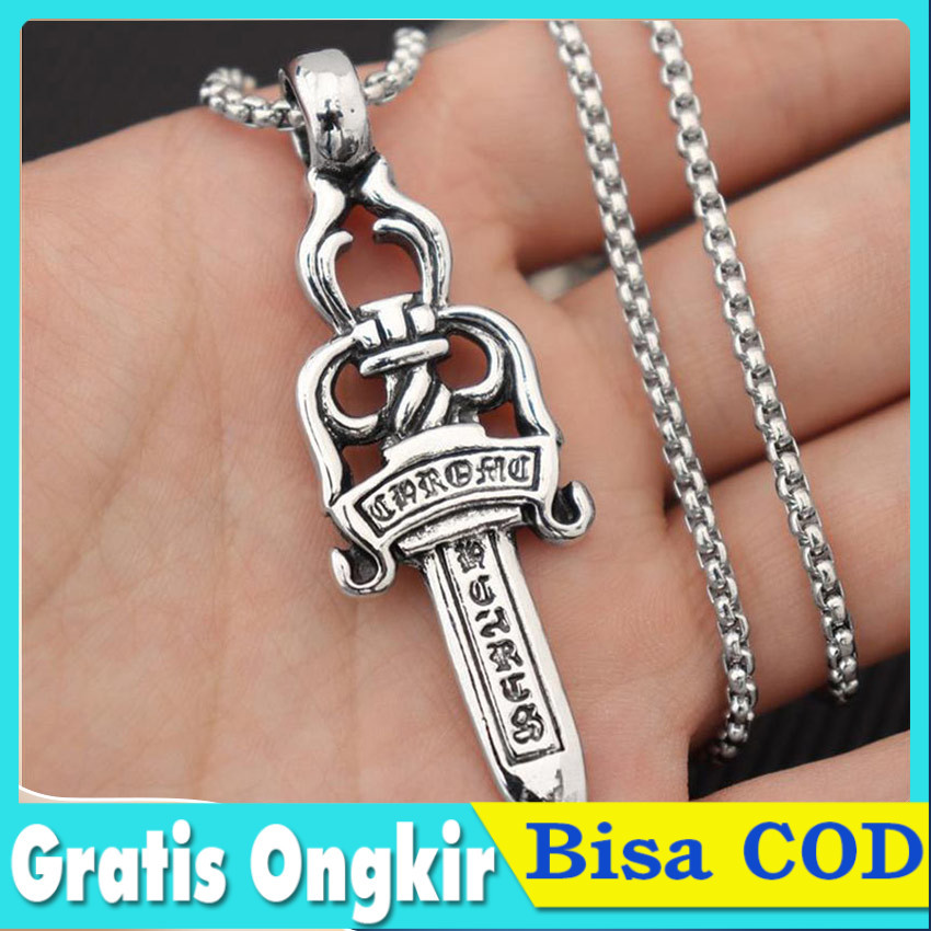 Kalung Pedang Pria Titanium Anti Karat Chrome Hearts Style Kalung Liontin Dagger Silver Vintage Punk