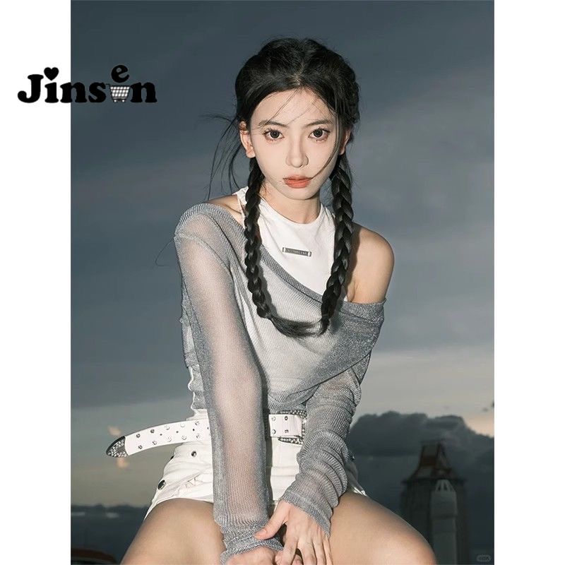 [JinSen] Setelan Dua Potong Rompi Sederhana Dan Kaos Lengan Panjang Transparan Untuk Wanita