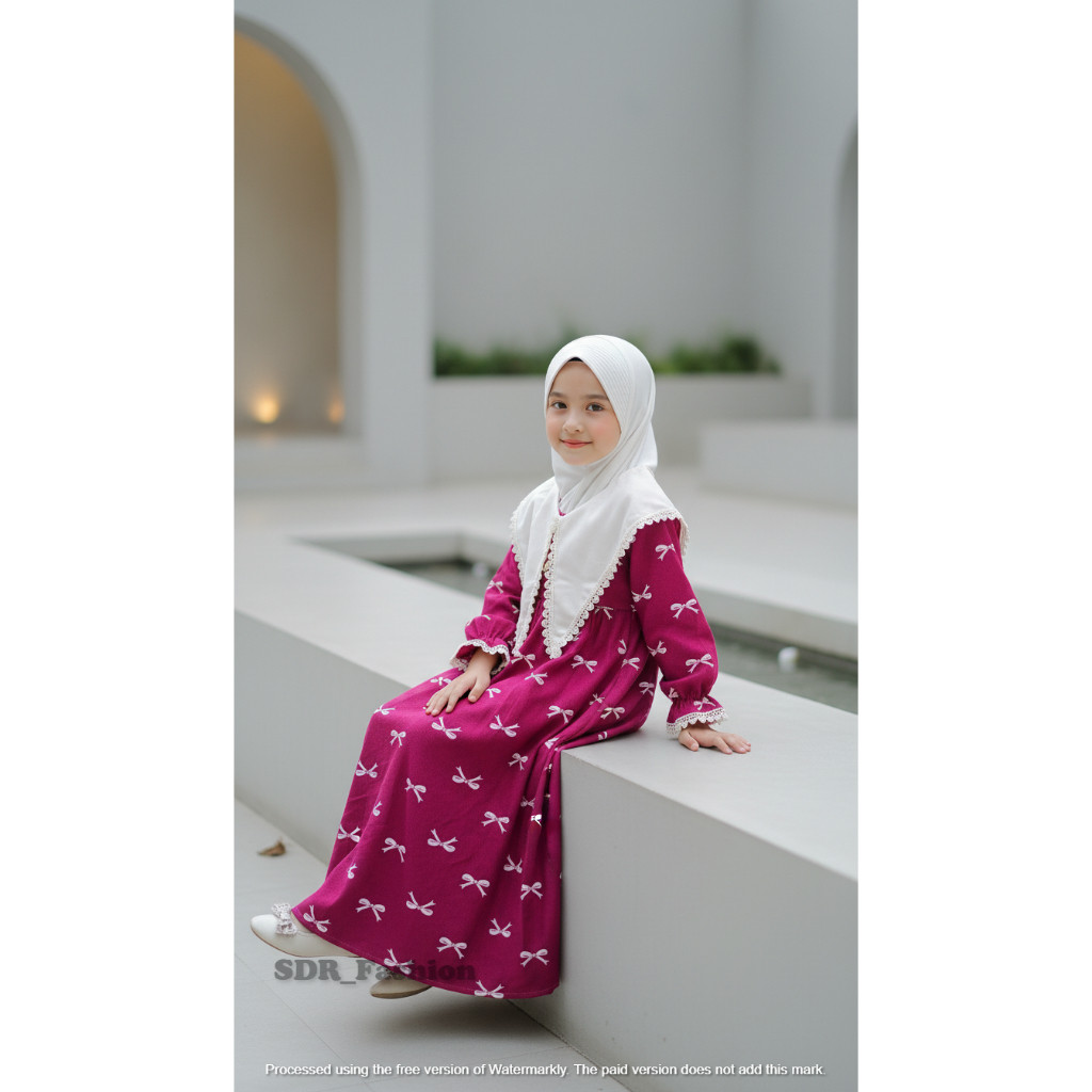 PROMO  Gamis anak perempuan motif pita desain korea style dengan kerah renda putih usia 1 sampai 12 