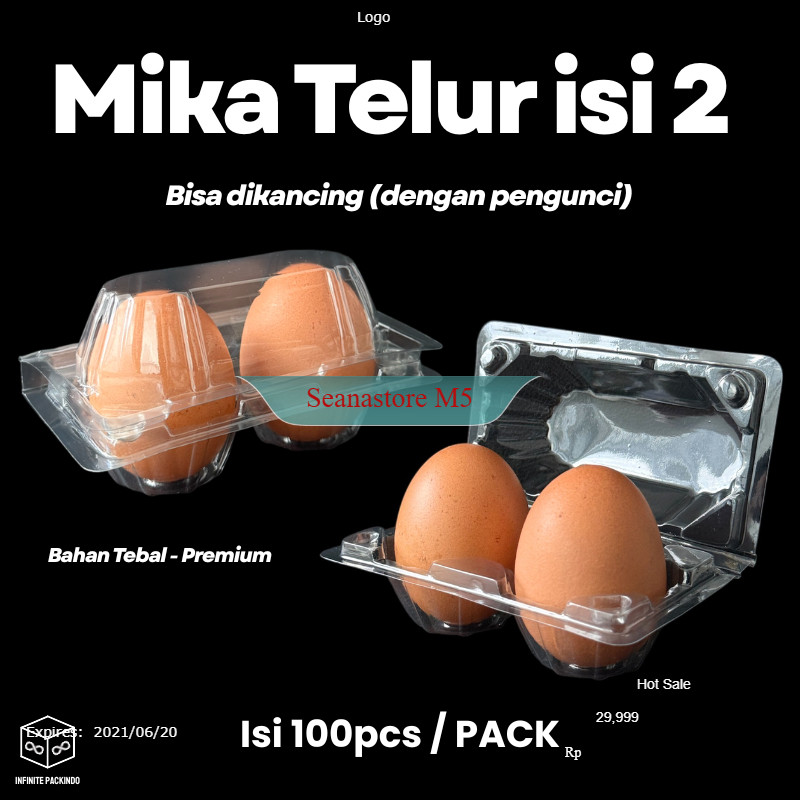 (ISI 100 PCS) Mika Tray Telur 2 Butir Dengan Pengunci / Mika Telur Isi 2 Kancing / Tray Telur Kancin
