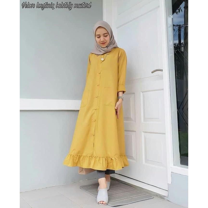 Baju Fahion Muslim Wanita Tunik Gamis Velove Long Tunik Bahan Wolfis - Cream