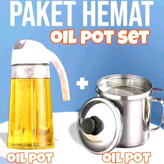 (RDM) PAKET HEMAT - Botol Minyak Kaca 680 ML + Oil Pot 1 Liter / Saringan Minyak / Dispenser Minyak 