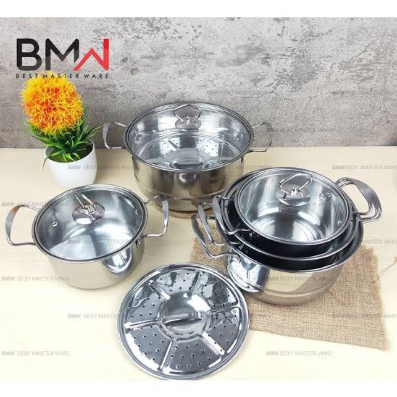Panci Set High Pot Steamer 12pcs BMW/ Panci Set Isi 5 Tutup Kaca+Steamer