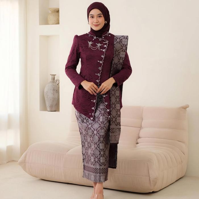 Setelan Kebaya Tunik Brokat Payet Miring Mix Songket Palembang Dengan Selendang Modern Elegan Atasan