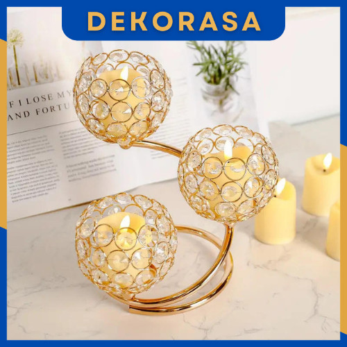 DEKORASA (Garansi 1 Tahun) Tempat Lilin Kristal Logam Emas - Hiasan Penyangga Lilin 3 Kepala Lengan 