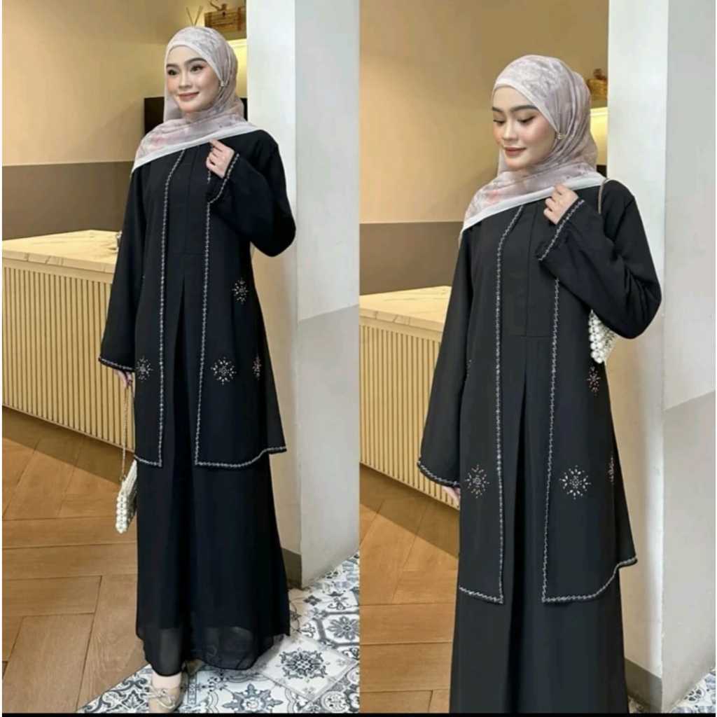ARDIOSHOP Safiya Abaya Dress Tanpa Hijab Ceruty Motif Swarovski Hitam Coklat Mahogany Remaja Dewasa 