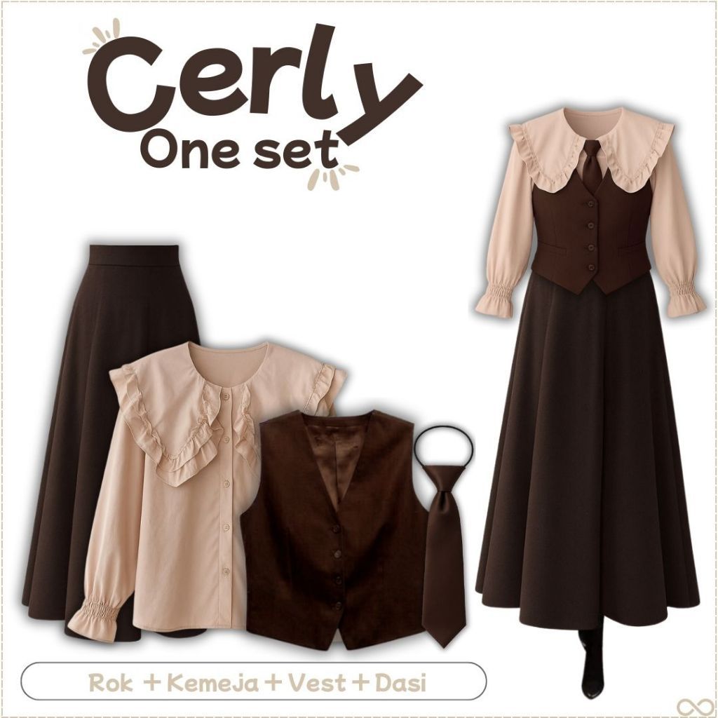 YONA.ID Cerly One Set Vintage Enola Holmes(Kemeja Katun Cream,Rok, Vest coklat, dasi)OOTD Remaja Can