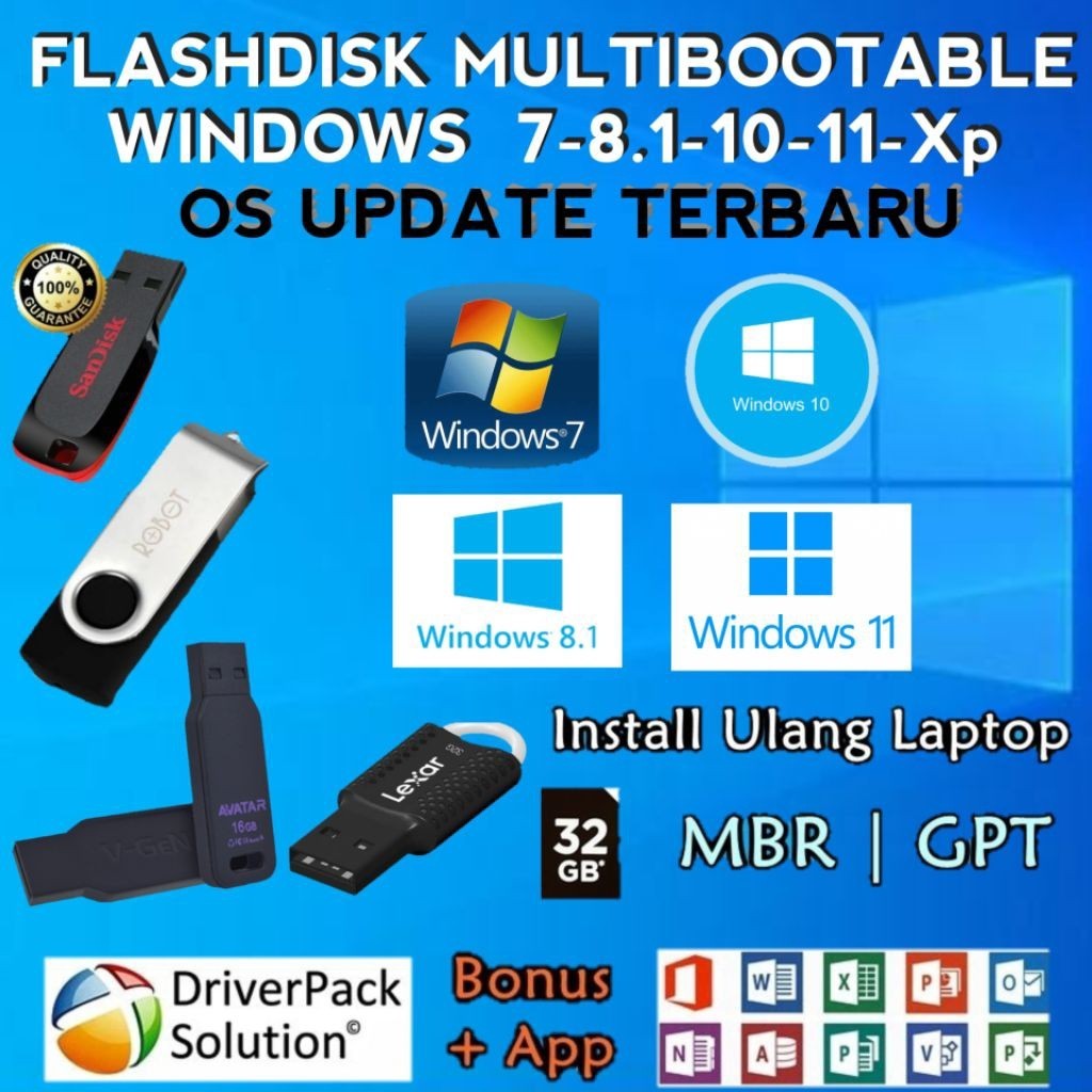 FLASHDISK BOOTABLE | MULTIBOOTABLE WINDOWS XP/7/8.1/10/11 ORIGINAL PLUS DRIVERPACK