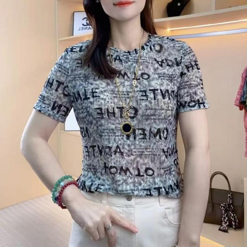 Dicetak Lengan Pendek Crew Neck Letter Kaos Pendek - Atasan Ibu Setengah Lengan