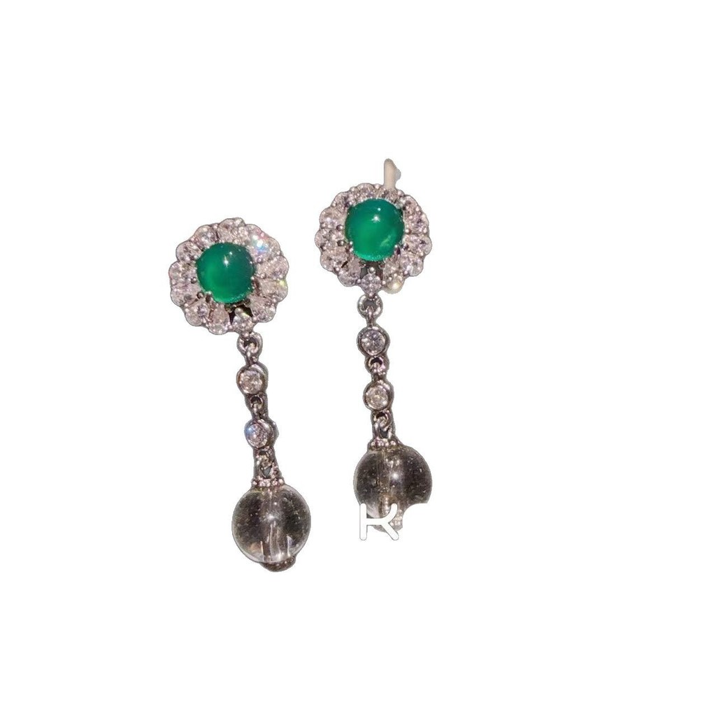 Anting batu giok warna hijau muda untuk remaja, dengan batu giok tembus pandang dan bingkai perak