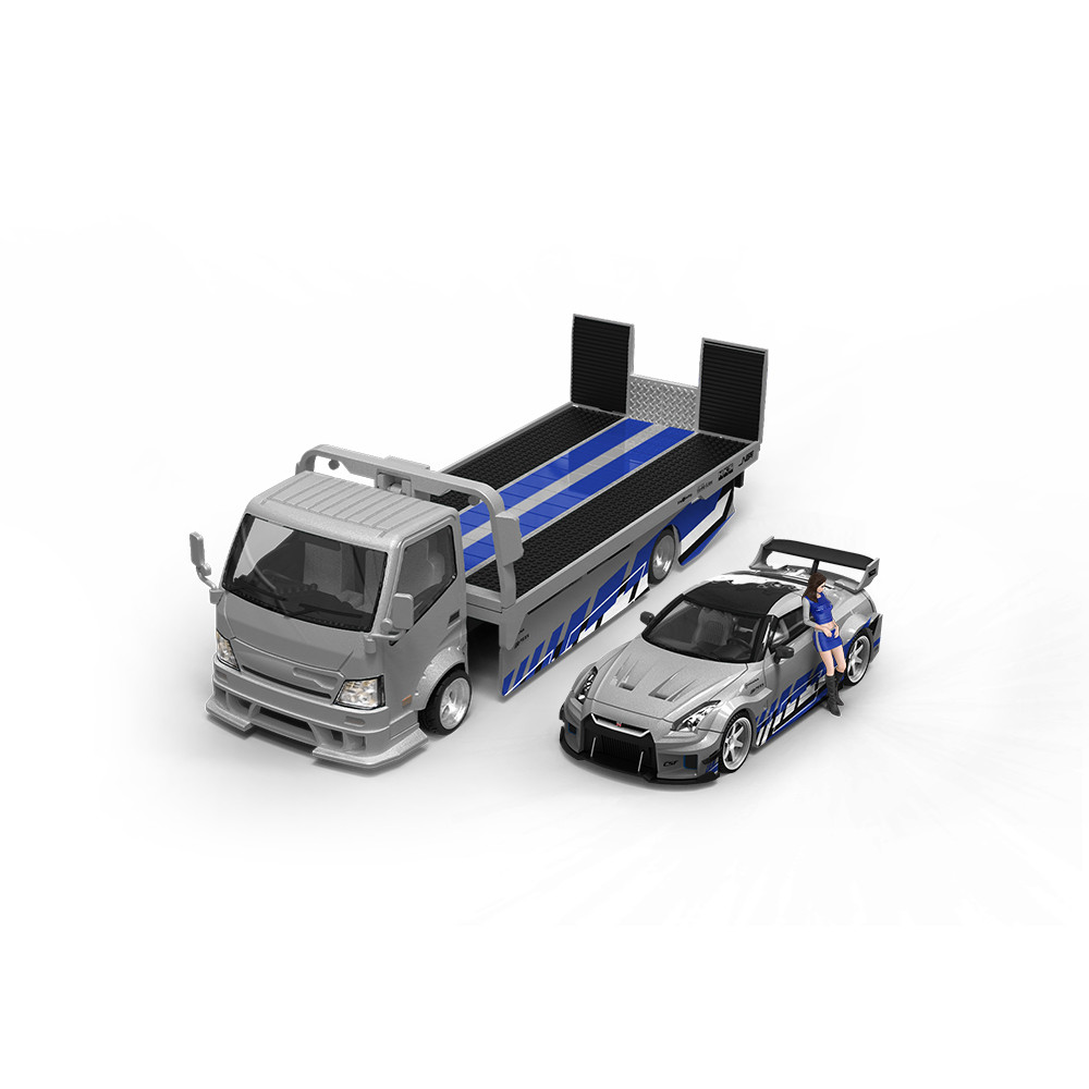 Diecast Time Micro 1/64 H300 Flatbed Trailer + Nissan GTR35 Silver Blue