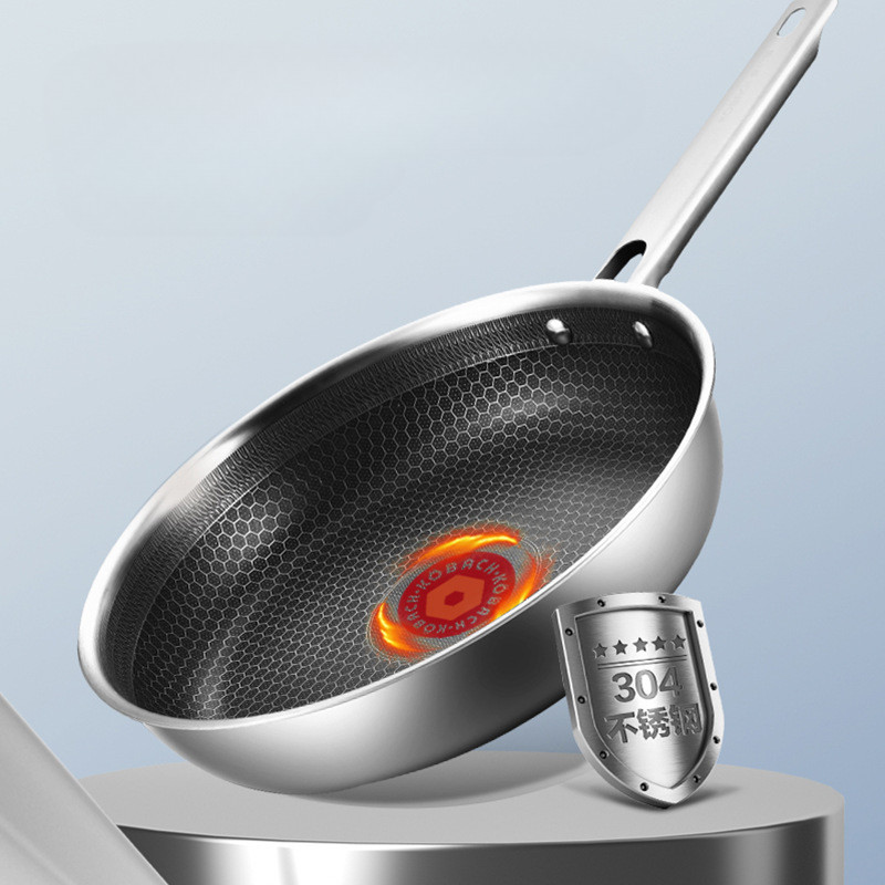 KBH 304 stainless steel flat bottomed double-sided honeycomb non stick wok Home steak frying pan kit