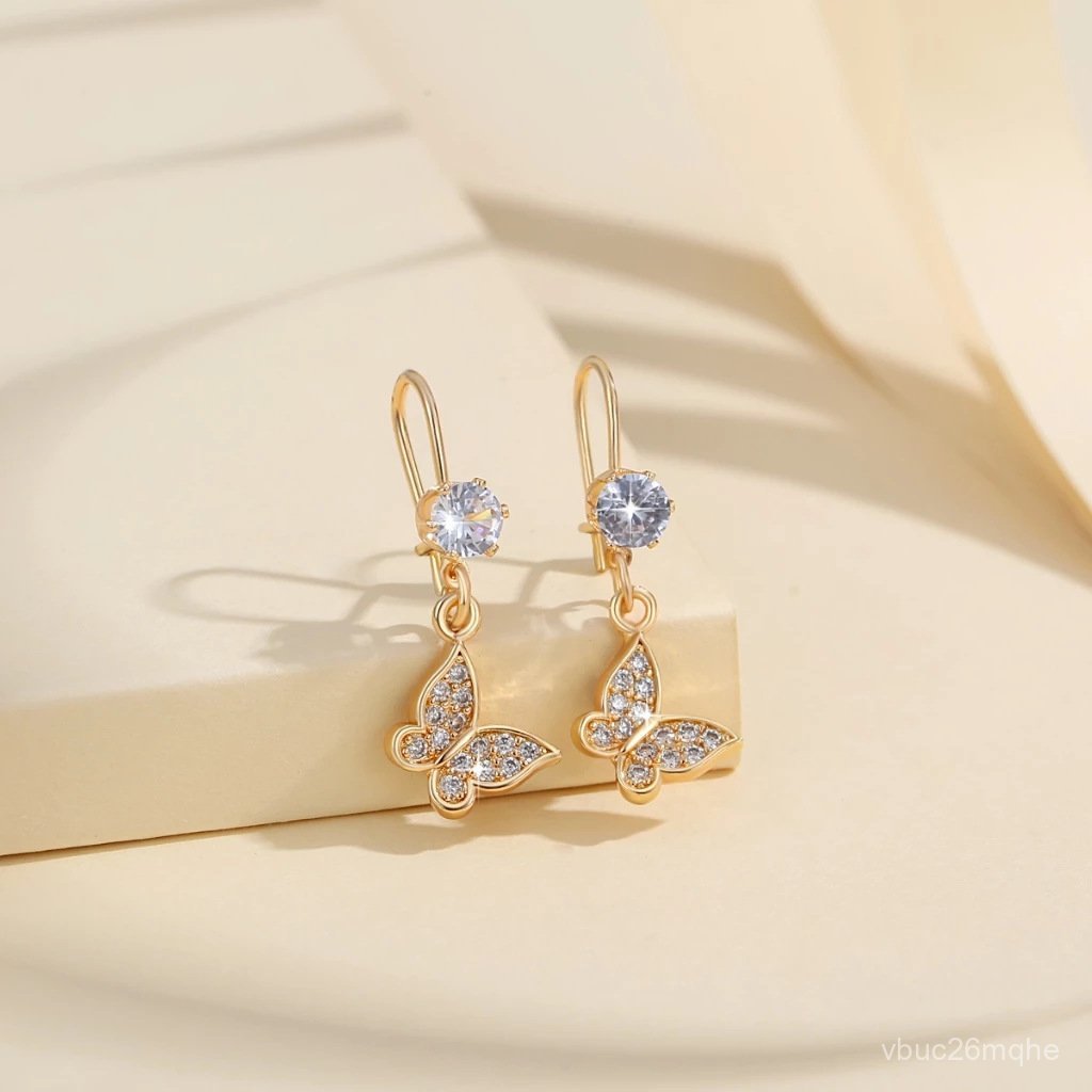 Anting Wanita Kupu-Kupu Titanium Lapis Anting Zirkon Gantung Lapis Emas Anting