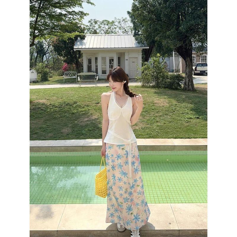 [Pakaian Ratu] Set Manis Hottie Renda Gantung Leher Tali Atasan Wanita Rok Floral Set Dua Potong