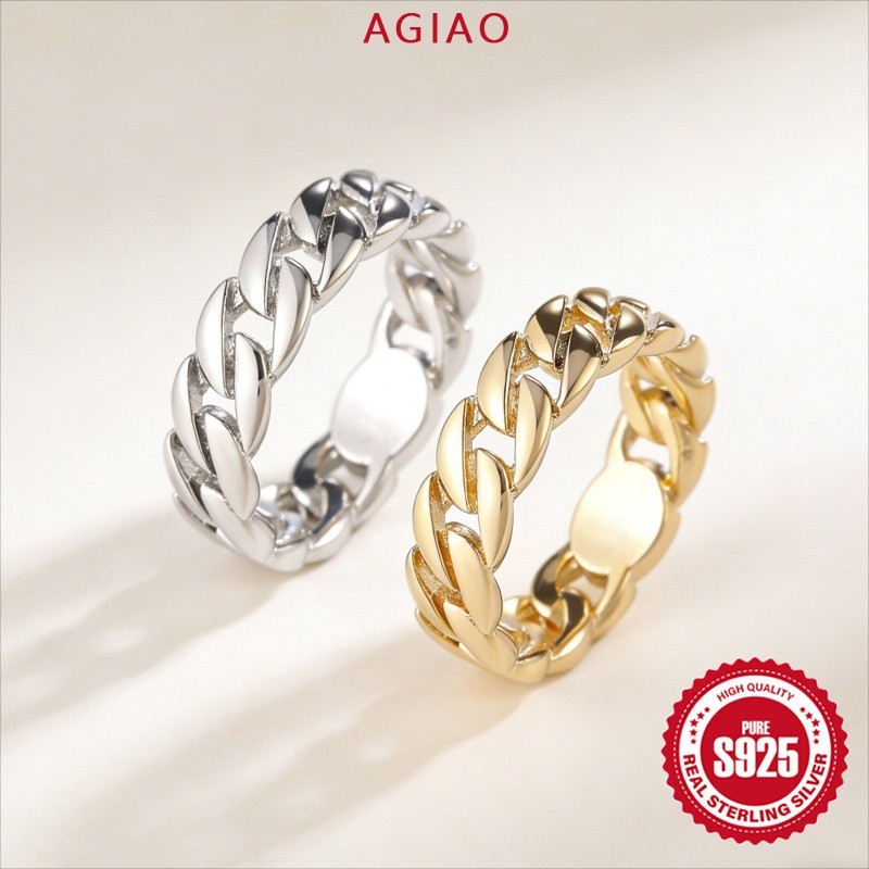 AGIAO Cincin Pria Desain Rantai Baja Titanium Lapis Emas