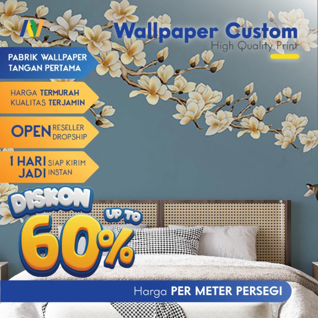 Wallpaper Dinding Custom Ruang Makan Motif Chinoiserie Bunga & Burung | Wallpaper Elegan HD Premium,