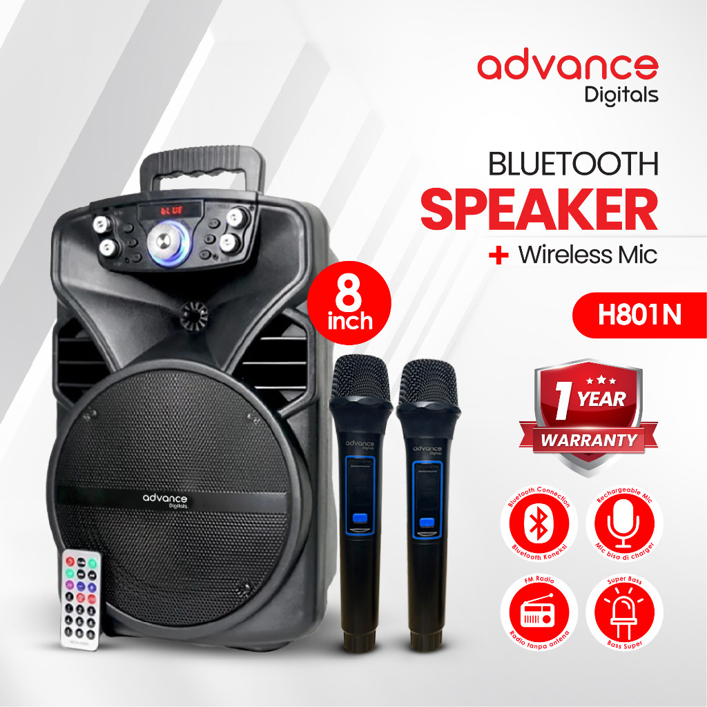 ADVANCE 8 inchs H801N 2 Mic Wireless Bluebooth Speaker Portable FM Radio Xtra  Speaker Bergaransi