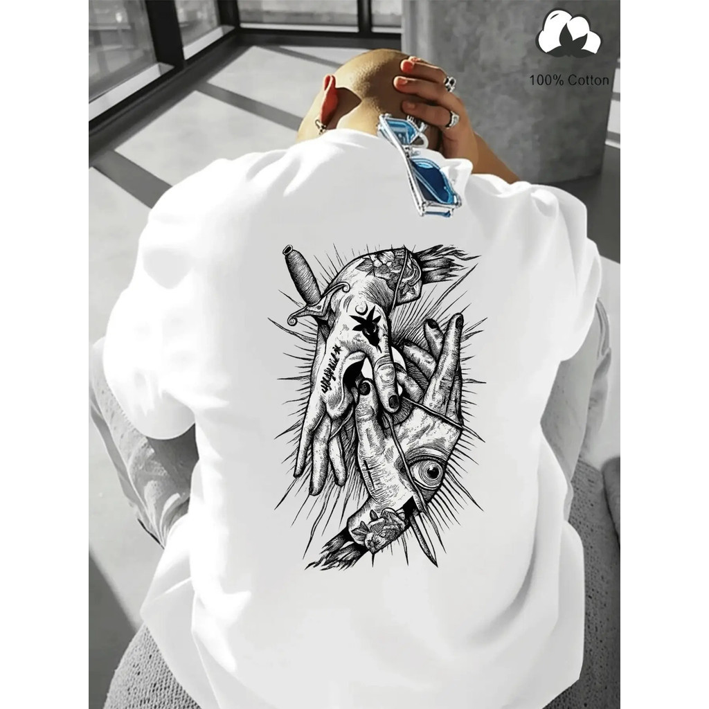Kaos Pria 100% Katun Cetak Tato - Desain Tato Belakang yang Digambar Tangan (Tato Belakang/Tangan/Pi