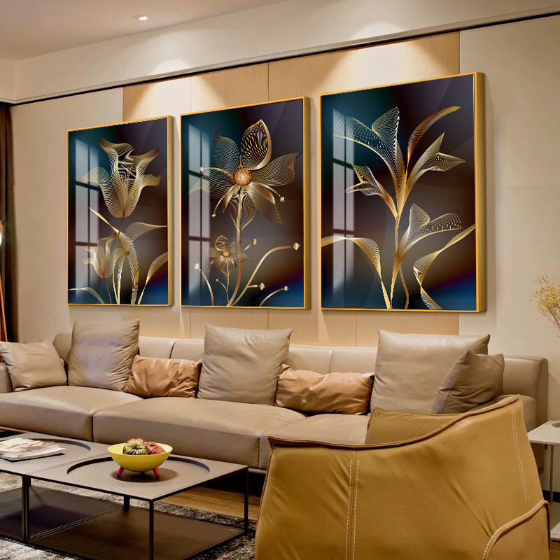 Hiasan Dinding 3 Panel Kristal Keramik - Bunga Abstrak Mewah Untuk Sofa Ruang Tamu Pasti Diskon