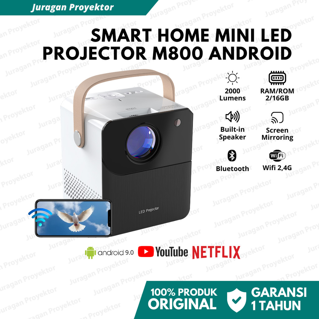 Proyektor Android 9.0 Wifi 2000 Lumens LED M800 | Proyektor Android Wifi Bluetooth 4K Full HD