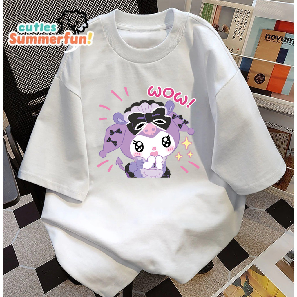 Kaos Oversize Kuromi "WOW!" / T-shirt Wanita Putih Motif Kartun Aesthetic Viral |Kaos Putih Oversize