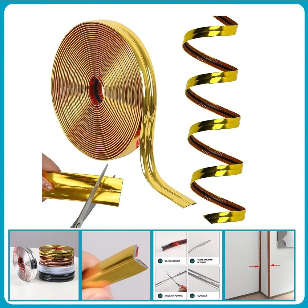 3M Roll List Plat Strip Mirror Gold Lis Siku List Sudut Border Plafon PVC Flexibel Berperekat