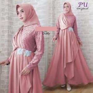 6546 Baju muslimah biru navy dress gamis bordir bunga cantik 6540