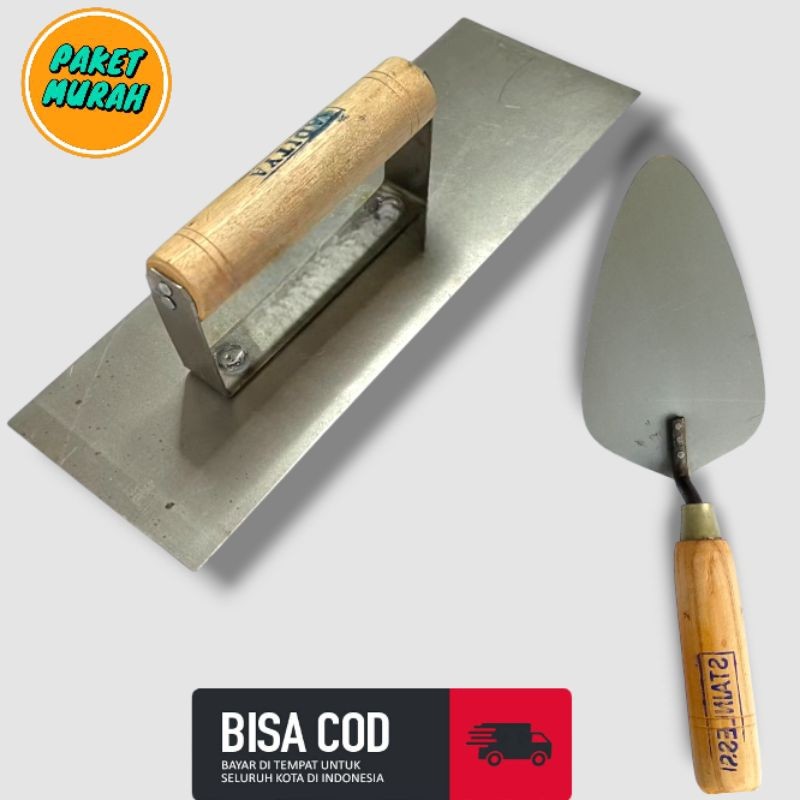 Paket 2 Pcs Raskam Acian penghalus Tembok Dan Sendok Semen Stainless - Raskam Plat Baja Dan Cetok