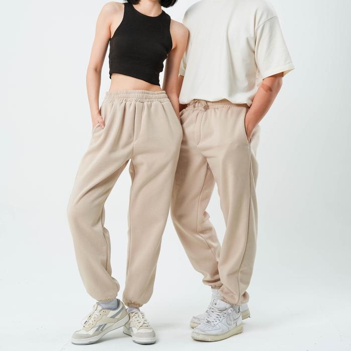 Celana  Sweatpants Jogger Premium - Beige, M, Polos crinkle wanita baggy kulot loose pants city nuna