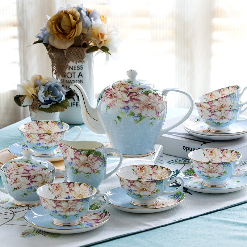 21pieceset, delicate bone china coffee cup set, european vintage tea cup, tea kettle, coffee teapot 