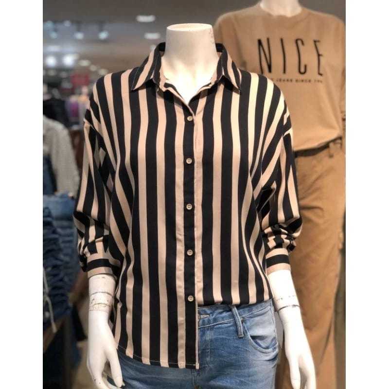 Top Atasan wanita motif garis garis/kemeja salur wanita/atasan wanita lengan panjang/kemeja wanita j