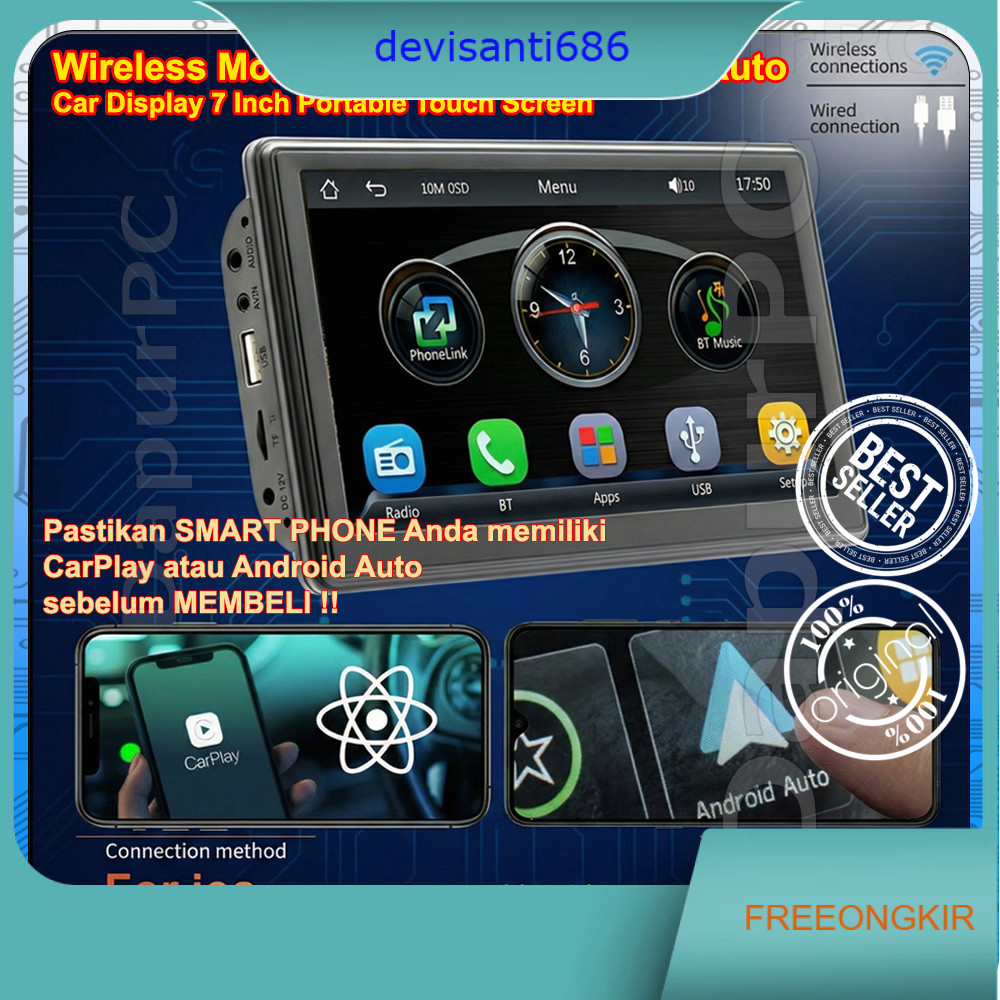 Wireless Monitor Carplay & Android Auto Car Display 7 Inch Portable Touch Screen