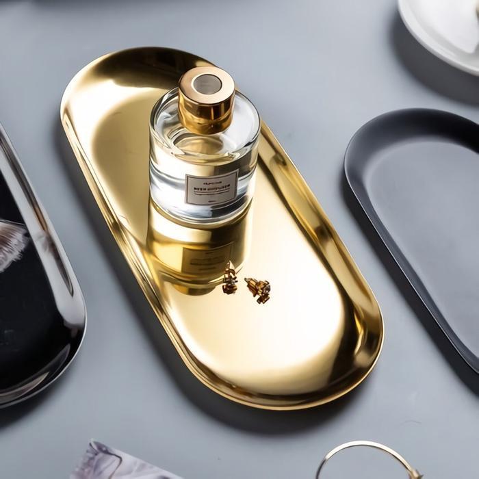 PROMO Gold jewelry tray / oval plate baki nampan gold silver black mini tray - Gold, Medium 18cm