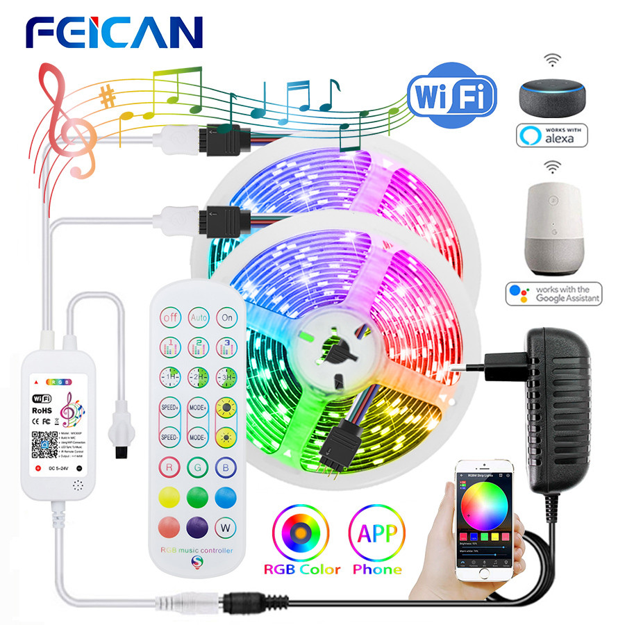WiFi RGB LED Strip Lights 12V 5M 20M 10M RGB Tape 5050 18LEDs/M Music Sy Works with TUYA Alexa Flexi