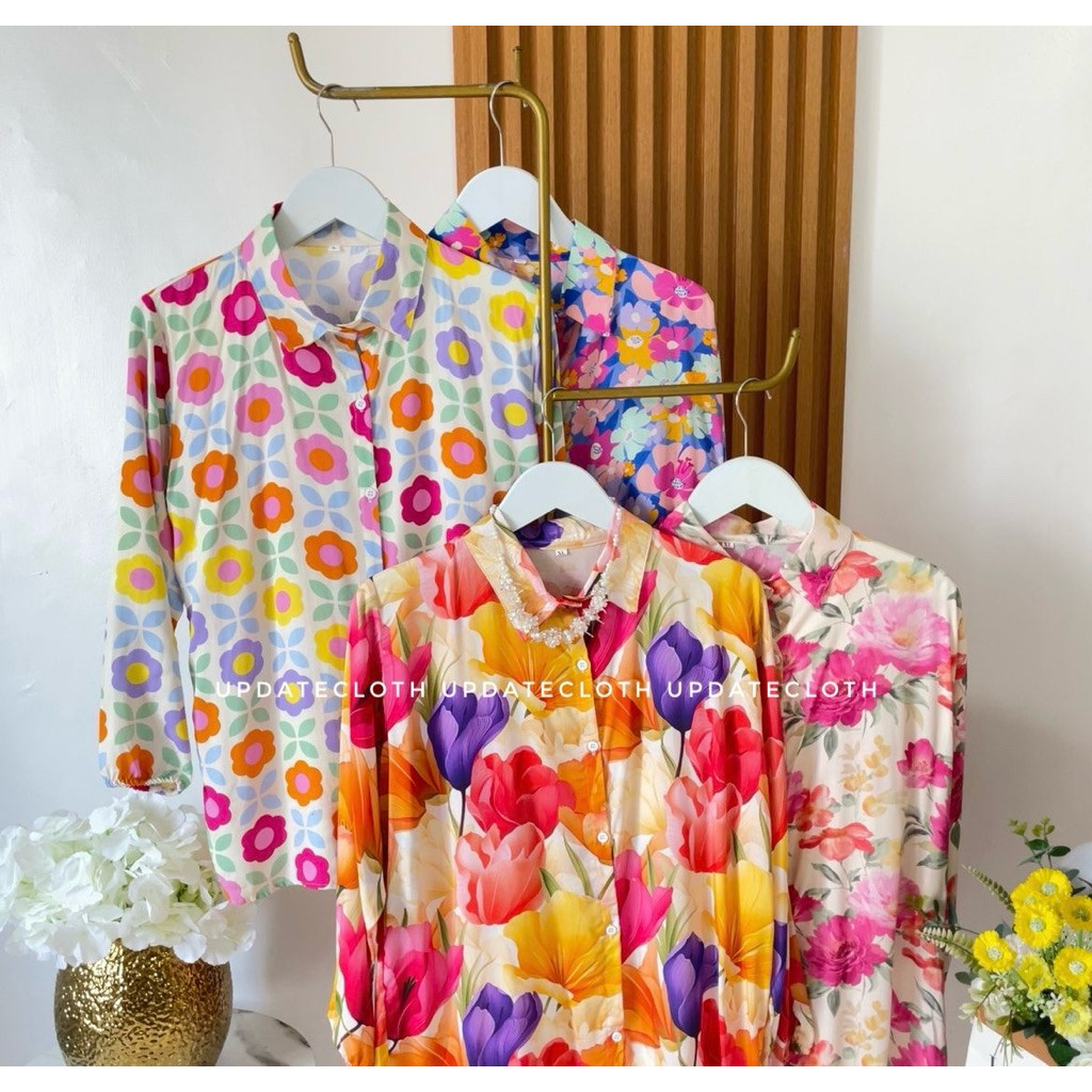 LOWESHOP Kemeja Rayon Wanita Motif Bunga LD 110-120